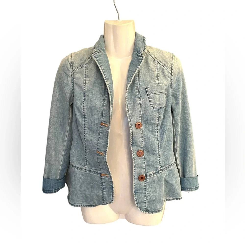 Anthropologie Pilcro the Letterpress Distressed Blue Denim Jacket Peplum Sz 00